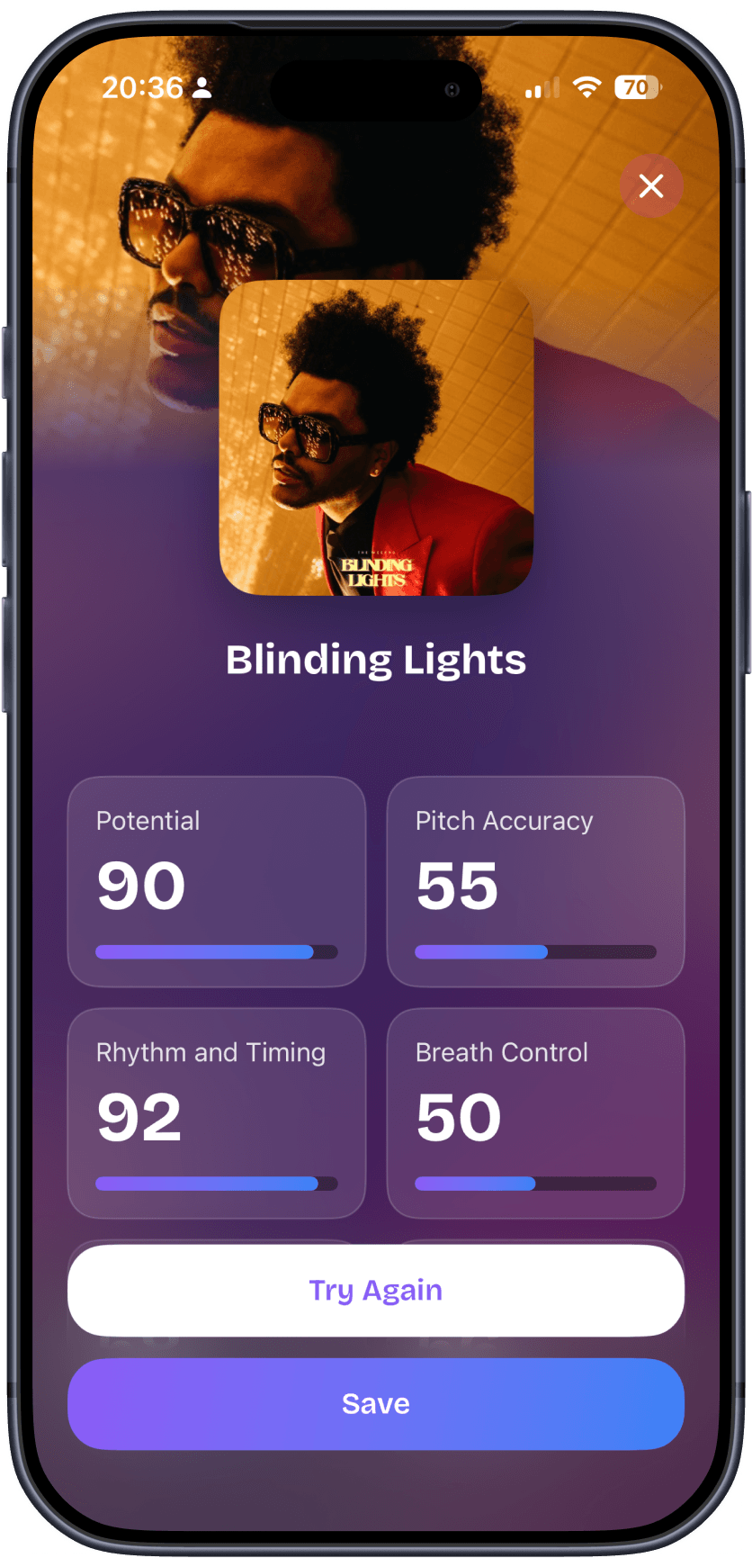SingMax post-take AI coaching results screen
